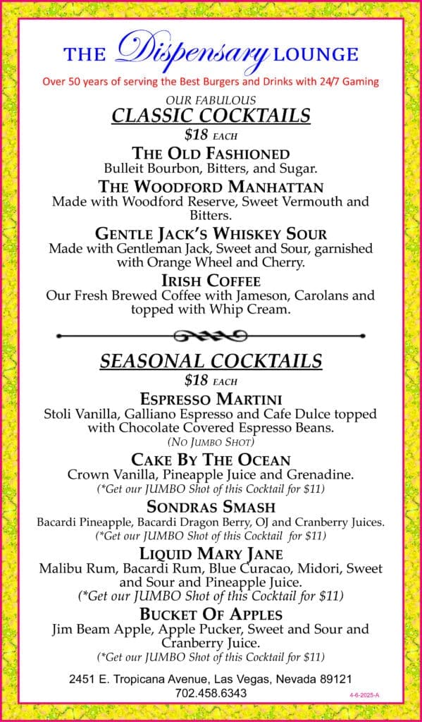 Menu for The Dispensary Lounge, offering classic and seasonal cocktails. The text is colorful with a festive border, creating a lively tone.