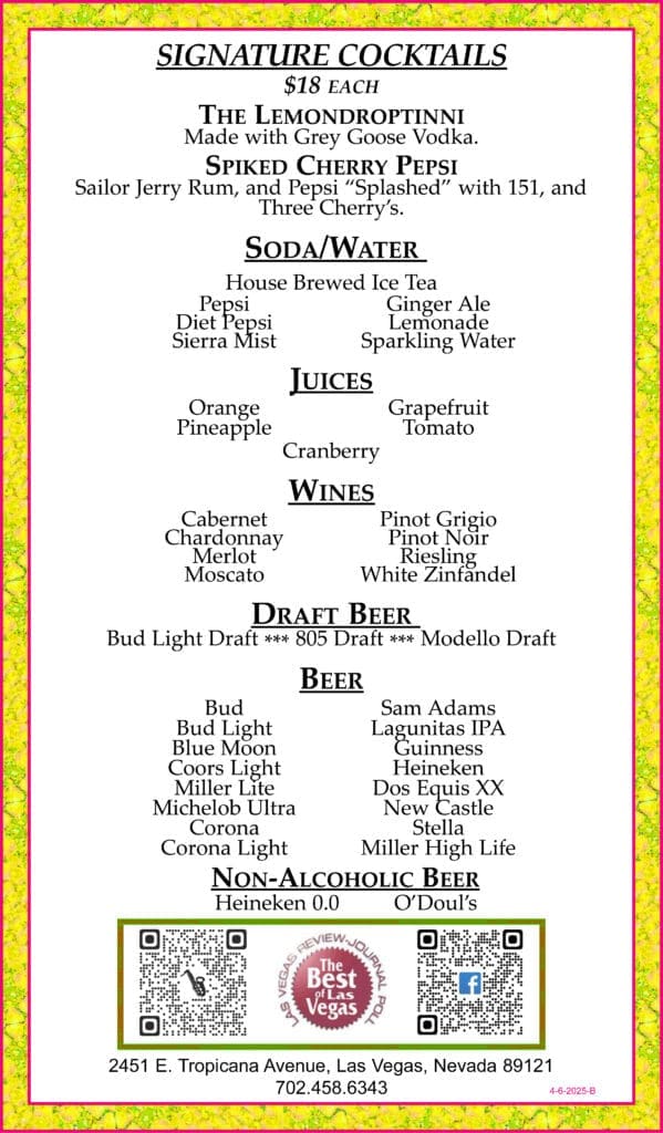 Alt text: "Menu listing signature cocktails, sodas, juices, wines, draft beers, and non-alcoholic beer. Bright border with the ‘Best of Las Vegas’ emblem at the bottom. Includes The Lemondroptinni and Spiked Cherry Pepsi cocktails listed at $18 each."