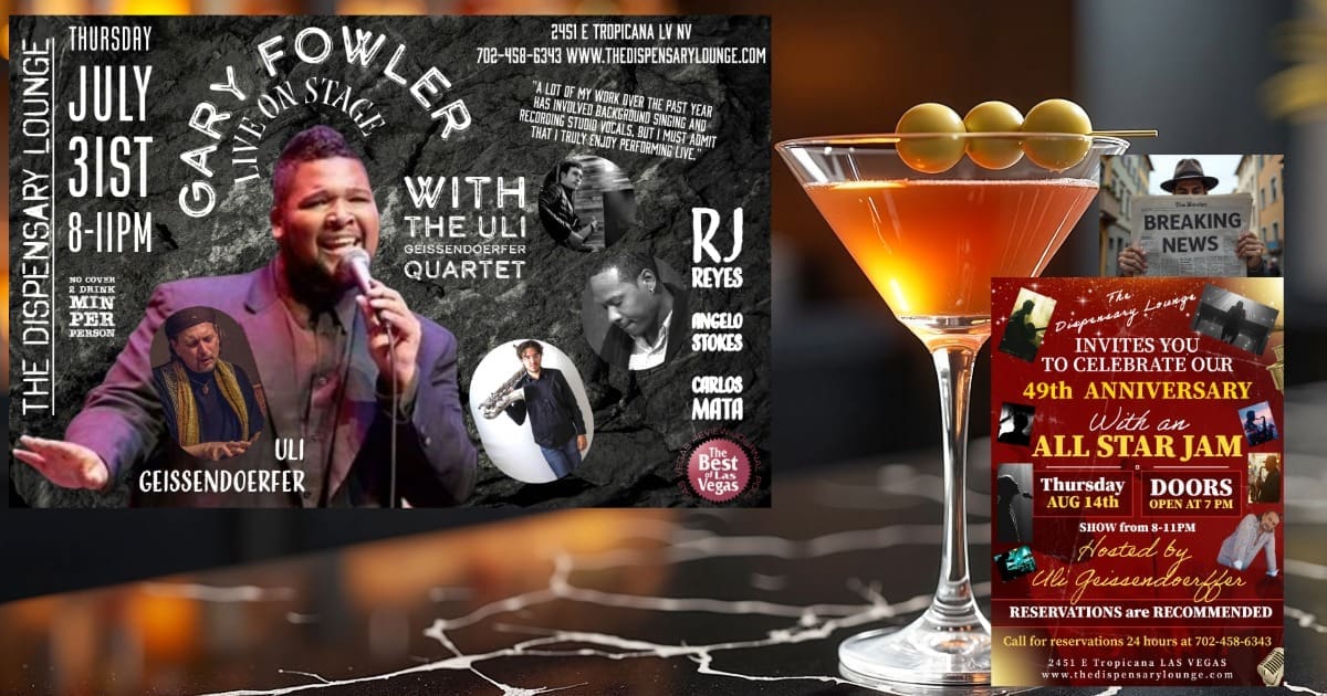 Split image of a music event poster and a cocktail.