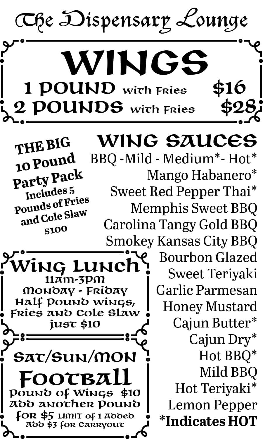 Menu for The Dispensary Lounge featuring wings and sauces