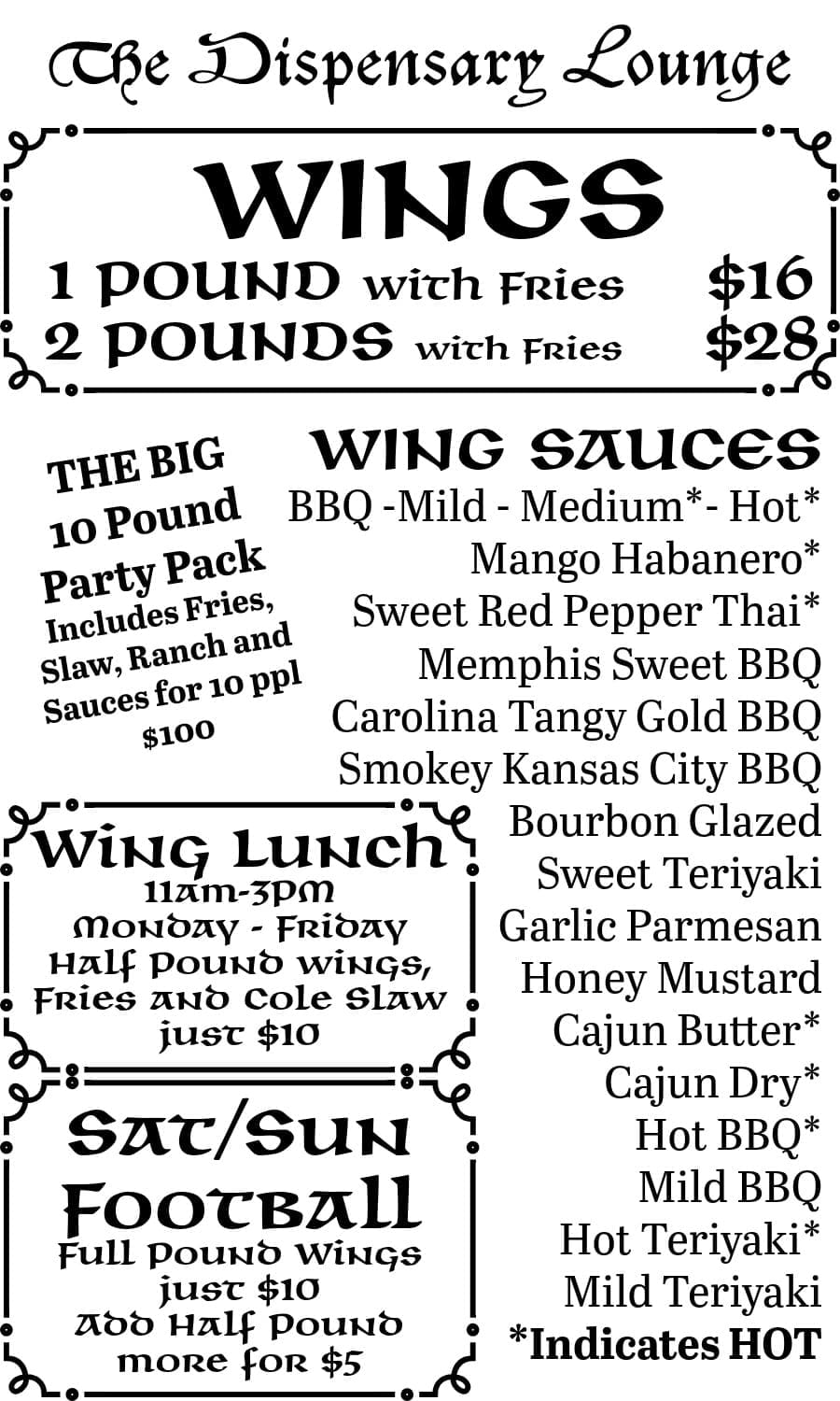 Menu for The Dispensary Lounge featuring wings and sauces